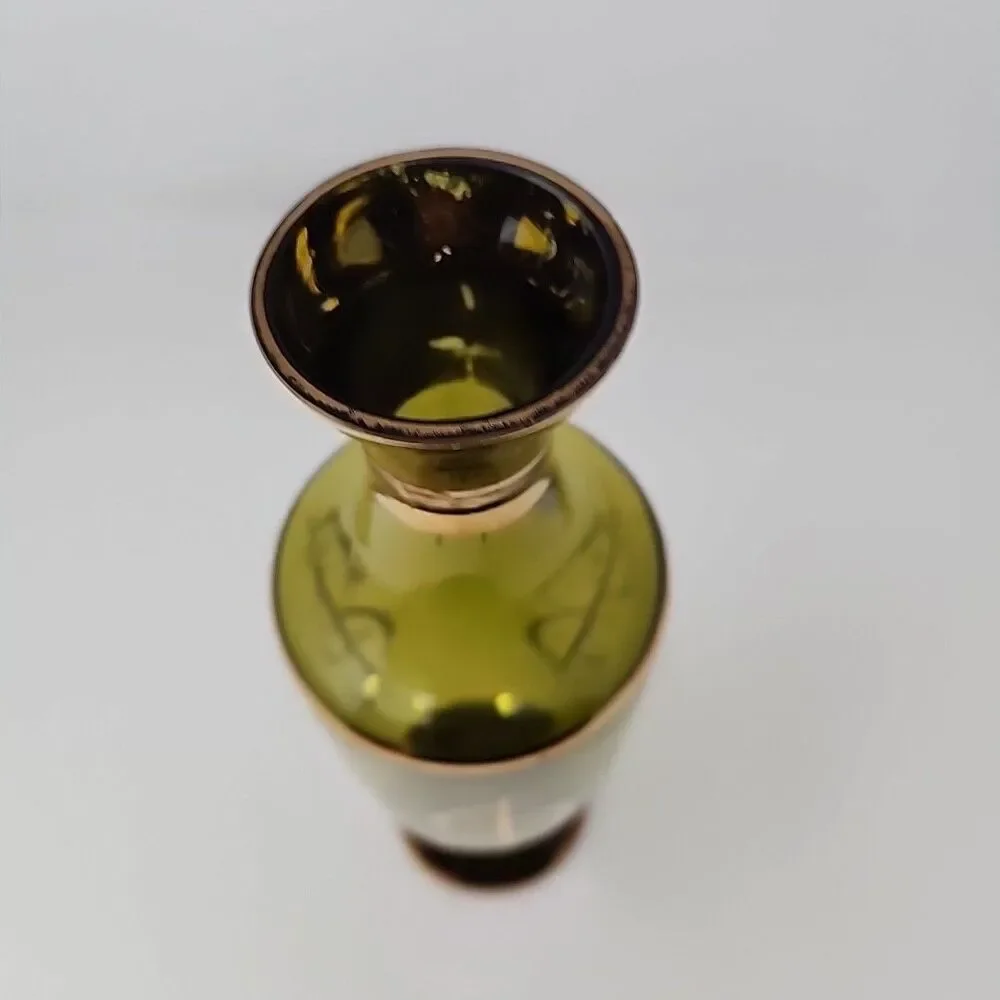 Vintage Decanter Vase Green Glass Gold Trim 14
